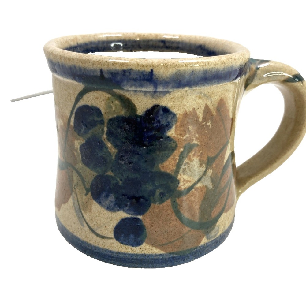 Vintage Stoneware Pottery Mug Grapes Floral Coffee Tea Art Pottery Signed